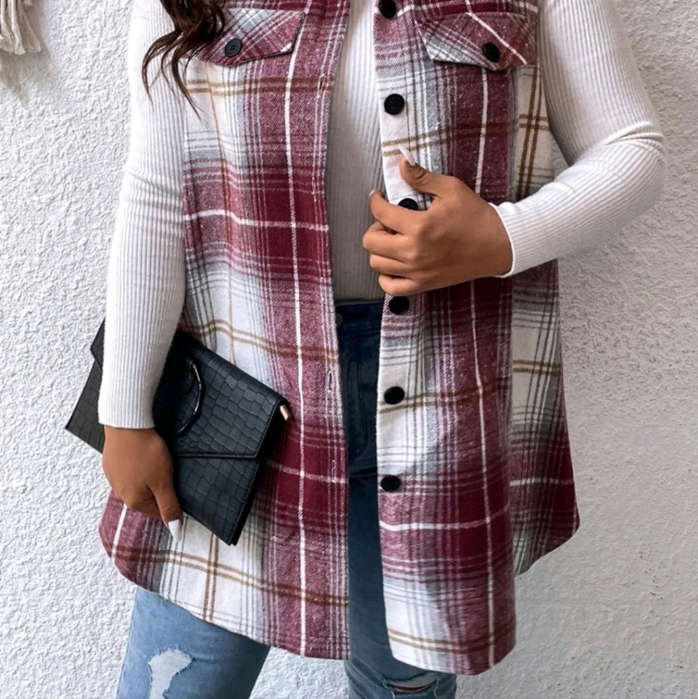 NEW PLUS SZ PLAID FLAP DETAIL VEST COAT - Picture 5 of 8